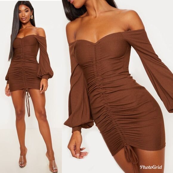 Prettylittlething Brown Ruched Off The Shoulder Drawstring Mini Dress - Picture 2 of 9